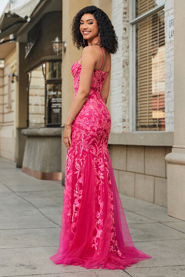Mermaid Spaghetti Straps Fuchsia Long Ball Dress with Appliques